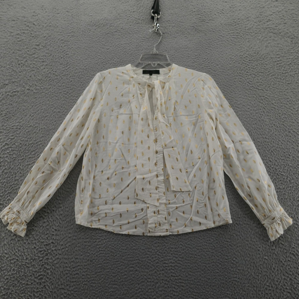Monarc Anthropologie Gold Foil Print Blouse Top XS White Womens Ruffle‎